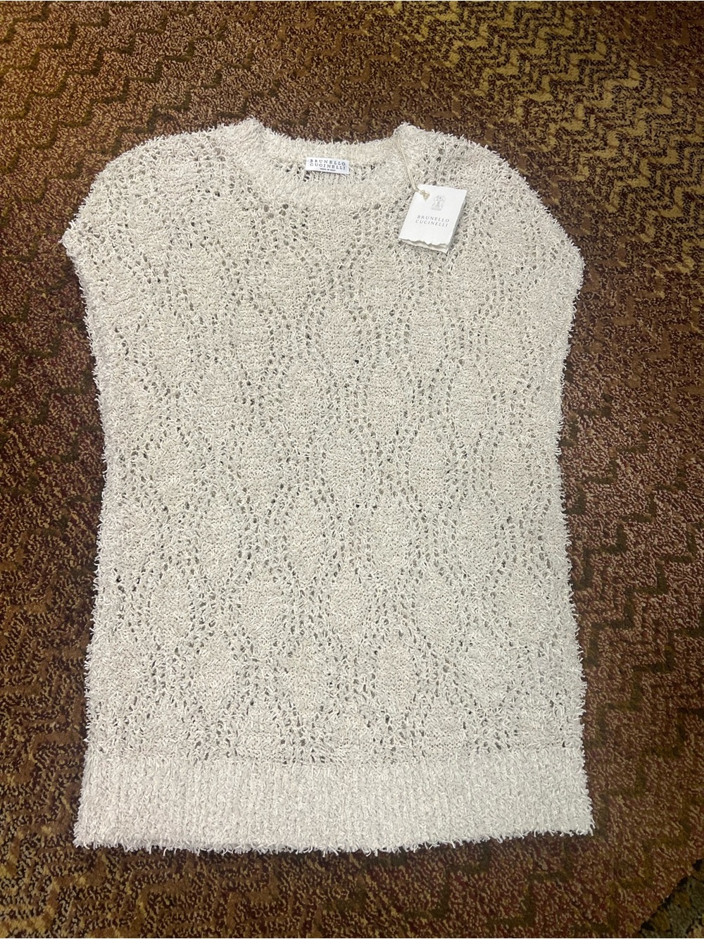 Brunello Cucinelli Cream Openwork Short-Sleeve Knit Sweater